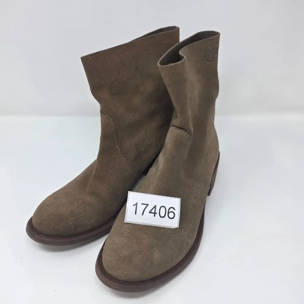 Tory Burch Siena Bootie Womens 9M Brown River Rock embossed Logo Boho Western